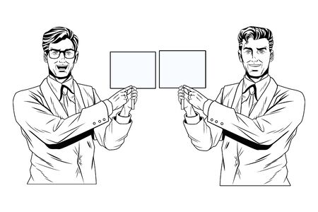 Pop art businessmen presentation holding showing blank sign black and white vector illustration graphic designのイラスト素材