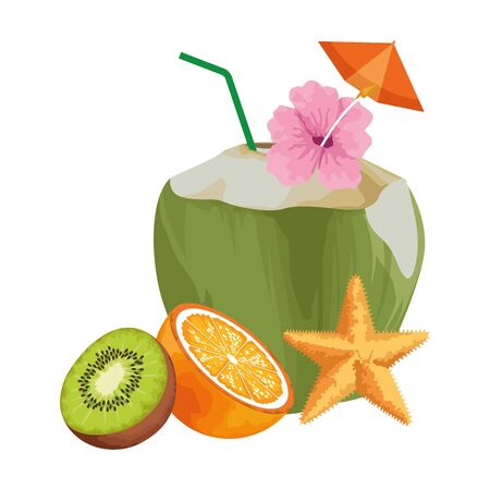 exotic tropical fruit with orange, kiwi and coconut beverage with straw and decorated with flower and umbrella icon cartoon vector illustration graphic designのイラスト素材