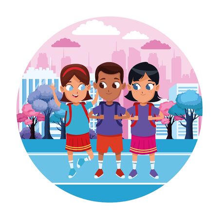 childhood cute school students happy friends wearing backpack cartoon in the city park, nature and urban scenery ,vector illustration graphic design.のイラスト素材