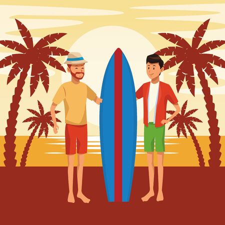 Men Friends enjoying summer with surf table in the beach scenery sunset vector illustration graphic designのイラスト素材