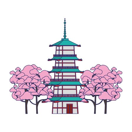 blossom trees around a pagoda temple icon over white background, vector illustrationのイラスト素材