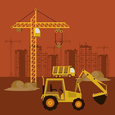 Excavator in construction zone with machinery scenery, under construction and buildings. vector illustration graphic designのイラスト素材