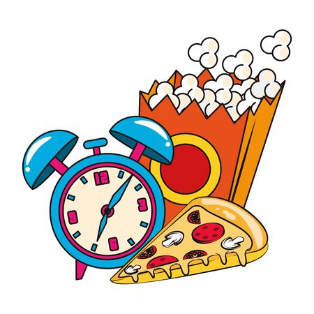 pop corn box with alarm clock and pizza slice over white background, vector illustrationのイラスト素材