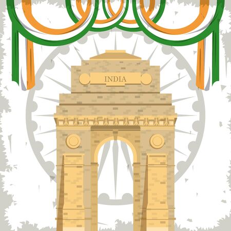 India gate monument building with flags on wheel grunge emblem background vector illustrationのイラスト素材