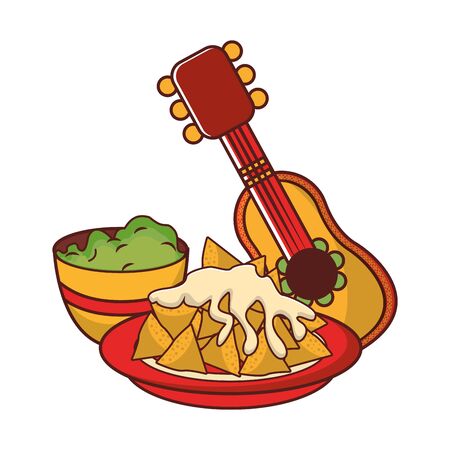 mexico culture and foods cartoons plate on nachos and melted cheese also guacamole and mariachi guitar vector illustration graphic designのイラスト素材