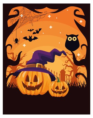 halloween dark scene with pumpkin and hat witch vector illustration designのイラスト素材