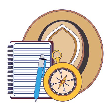 Travel vacations and summer hat with notepad and pen cartoonsのイラスト素材