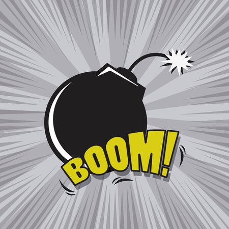 Comic BOOM explosion bubbles with round bomb cartoon on colorful background ,vector illustration.のイラスト素材