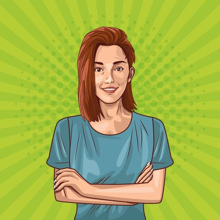 Pop art young woman smiling with brown hair cartoon on green background ,vector illustration graphic design.のイラスト素材
