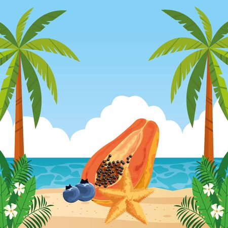 exotic tropical fruit with papaya, bluberries and decorated with starfish icon cartoon over the beach with seascape vector illustration graphic designのイラスト素材