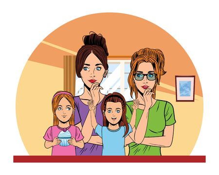 young woman with hand on the chin and glasses and little girls with hands up holding a muffin profile picture cartoon characterのイラスト素材