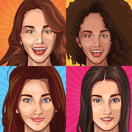 Pop art young women faces smiling cartoons in colorful frames ,vector illustration graphic design.のイラスト素材