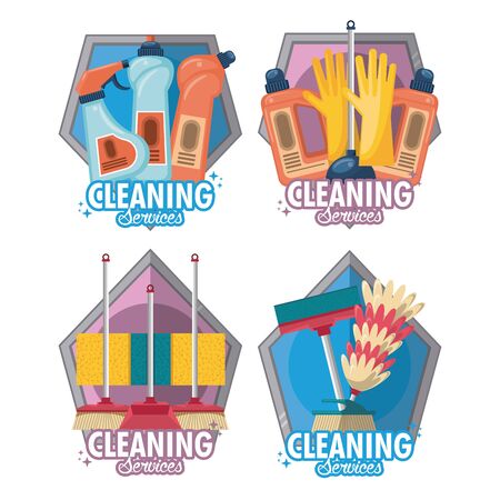 Set of Cleaning service and housekeeping with products emblem on white background vector illustrationのイラスト素材