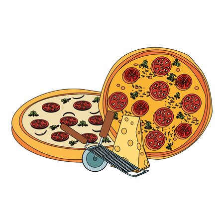 tasty pizzas and cheese piece over white background, vector illustrationのイラスト素材