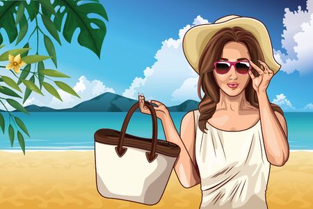 Pop art woman with fashion hat sunglasses and bag in the beach scenery on sunny day ,vector illustration.のイラスト素材