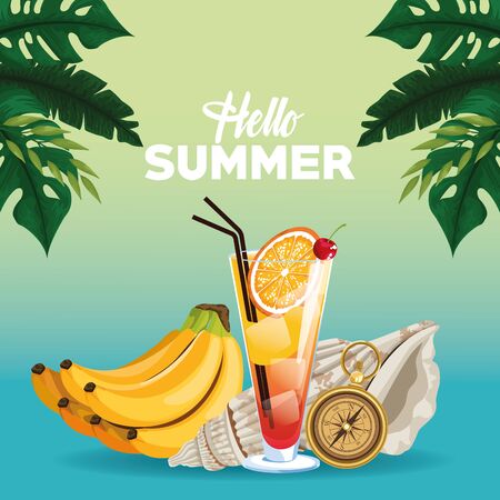 Hello summer poster card with beach and vacations cartoons on blue background with tropical leaves. vector illustration graphic designのイラスト素材