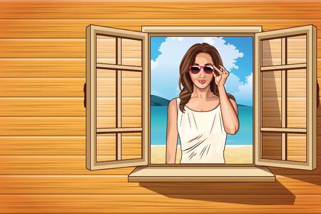 Pop art woman with sunglasses looking trought the window on wooden wall ,vector illustration.のイラスト素材