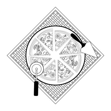 picnic tablecloth with pizza slices and utensils over white background, vector illustrationのイラスト素材