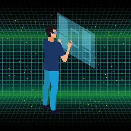 Young man playing with screen and virtual reality glasses on three dimensional background vector illustrationのイラスト素材