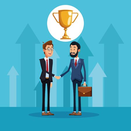 Businessmen talking about business with trophy in bubble speech cartoon vector illustration graphic designのイラスト素材
