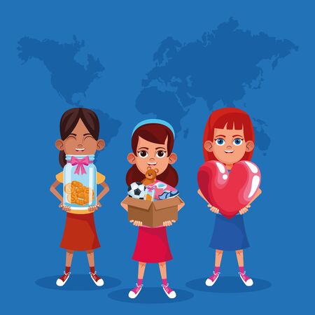 Kids donation in box and charity cartoon blue background vector illustration graphic designのイラスト素材