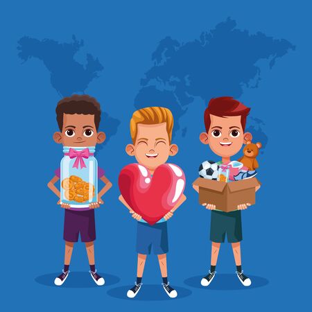Kids donation in box and charity cartoon blue background vector illustration graphic designのイラスト素材