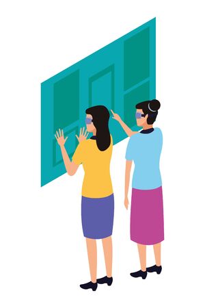 virtual reality technology, young women living a modern digital experience with headset glassestouching screen cartoon vector illustration graphic designのイラスト素材