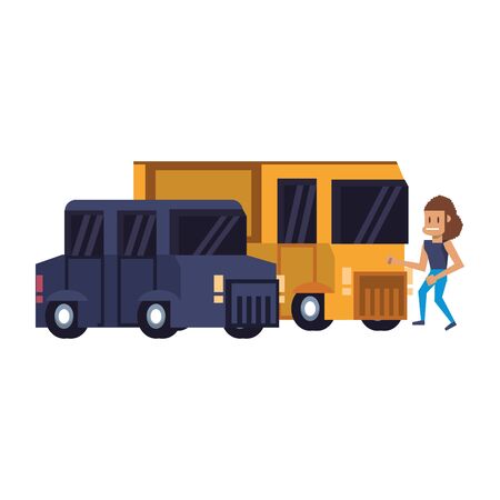 Retro videogame pixelated van and bus with woman cartoons isolated vector illustration graphic designのイラスト素材