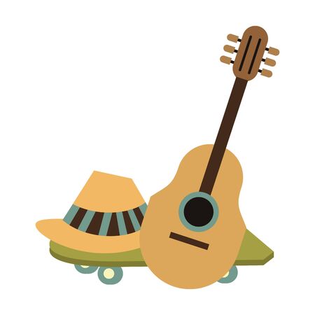 accessories for summer days symbols and acoustic guitar hat and skateboard isolated symbol Vector design illustrationのイラスト素材