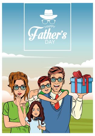 Happy fathers day card with father mother and kids holding gift pop art cartoon in landscape background vector illustration graphic designのイラスト素材