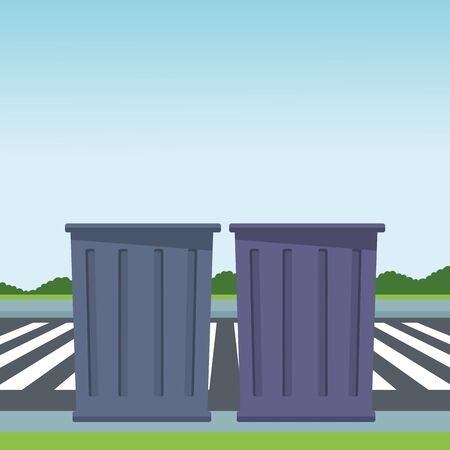 trash garbage can icon cartoon outdoor next to the street and some shruberry in the horizon vector illustration graphic designのイラスト素材