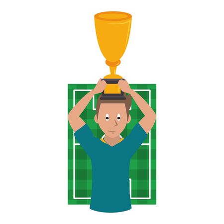 Soccer player holding trophy cup on playfield cartoon vector illustration graphic designのイラスト素材