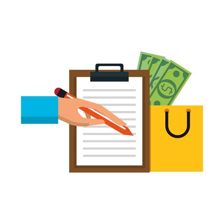 hand signing delivery clipboard and shopping bag with money symbols vector illustration graphic designのイラスト素材