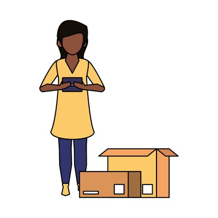 woman using smartphone mobile technology for read chat message from logistic and delivery service cartoon vector illustration graphic designのイラスト素材