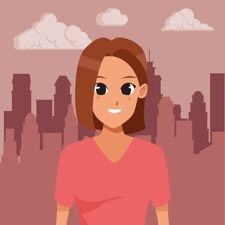 Young woman smiling with sport wear cartoon in the cirty, urban scenery background ,vector illustration graphic design.のイラスト素材
