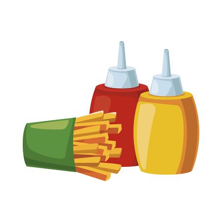 french fries and sauces bottles over white background, vector illustrationのイラスト素材