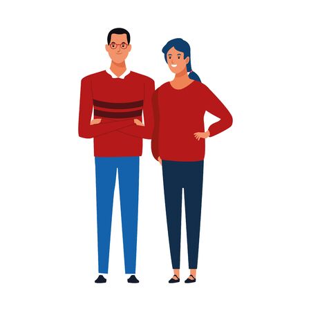 cartoon couple standing and wearing red sweaters icon over white background, vector illustrationのイラスト素材