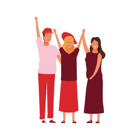 happy women and man standing protesting over white background, vector illustrationのイラスト素材