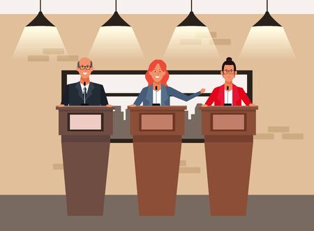 cartoon businesspeople at conference podiums, clorful design. vector illustrationのイラスト素材
