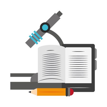 microscope with tablet and pencil over white background, vector illustrationのイラスト素材