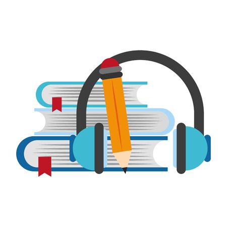 books with headphones and pencil over white background, vector illustrationのイラスト素材