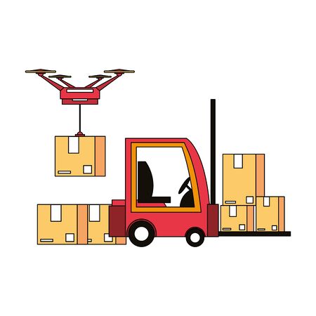 logistic and delivery shipping with drone and forklift technology transport cartoon vector illustration graphic designのイラスト素材