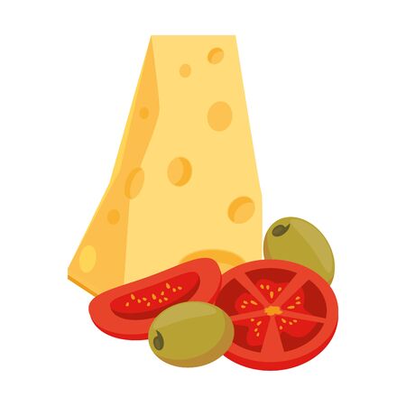 cheese piece with tomato and olives over white background, vector illustrationのイラスト素材