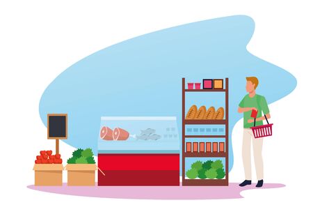 grocery stores with man shopping character vector illustration designのイラスト素材
