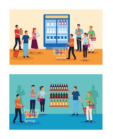 grocery stores with people characters vector illustration designのイラスト素材
