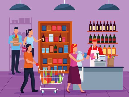 grocery stores with people characters vector illustration designのイラスト素材