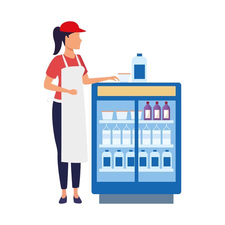 supermarket woman worker next to beverages fridge over white background, vector illustrationのイラスト素材