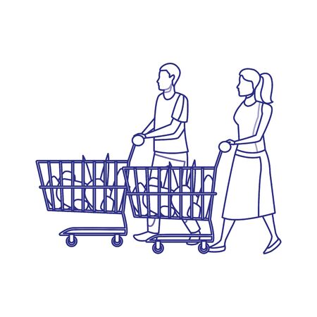 avatar man and woman with supermarket carts over white background, vector illustrationのイラスト素材