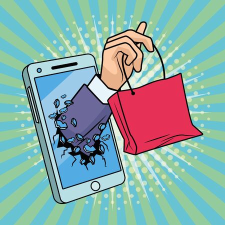 smartphone with hand and shopping bags pop art style vector illustration designのイラスト素材