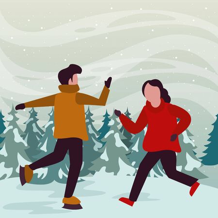 christmas snowscape scene with kids skating vector illustration designのイラスト素材